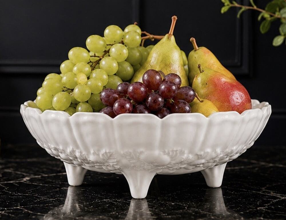 Indiana White Milk Glass Centerpiece Bowl Harvest Grapes Oval 4 Footed Fruit